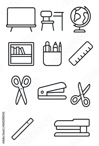 Classroom Icons Grid. Outline icon set of classroom essentials: chalkboard, desk, globe, bookshelf, pencil