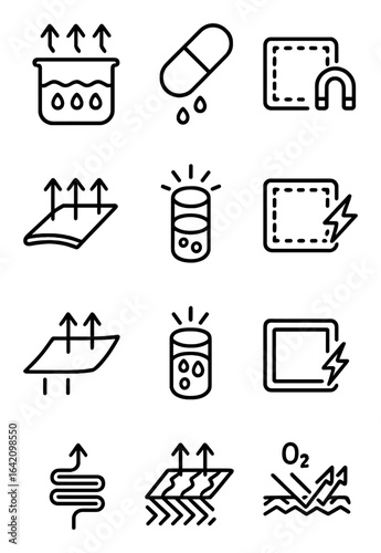 Responsive Biomedical Materials. Outline icon set of responsive biomedical materials: thermo-sensitive gel, pH