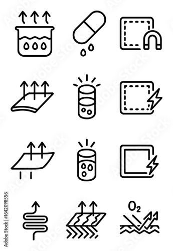 Responsive Biomedical Materials. Outline icon set of responsive biomedical materials: thermo-sensitive gel, pH