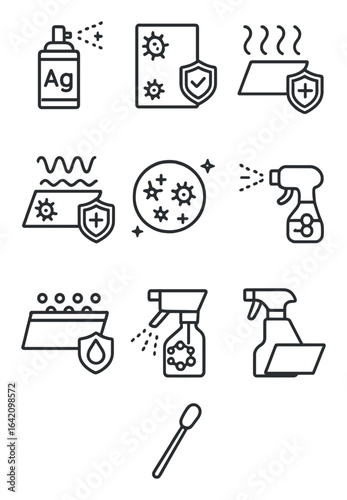 Antimicrobial Coating Icons. Outline icon set of antimicrobial coatings: silver ion spray, copper surface,