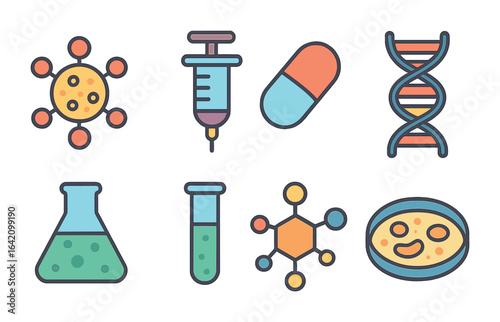 Nanomedicine Innovations Icons. Flat vector mini-illustrations innovations in nanomedicine in colors