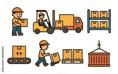 Child's Warehouse Icons. Flat vector mini-illustrations warehouse workers unloading goods in colors children's