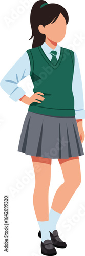 Schoolgirl standing in uniform with green vest and grey skirt vector illustration for education and youth themes 