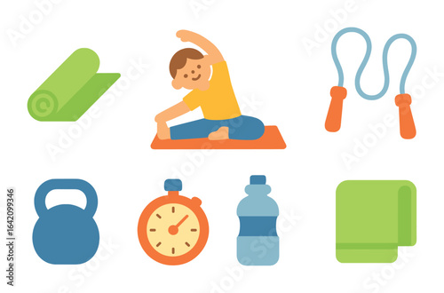 Children's Workout Icons. Flat vector mini-illustrations morning workout exercises in colors children's