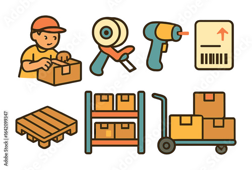 Colorful Packing Icons. Flat vector mini-illustrations packing and labeling in colors children's illustrations