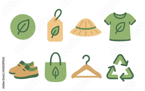Ethical Fashion Icons. Flat vector mini-illustrations ethical fashion brands in colors children's