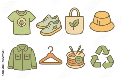 Kids' Eco Fashion Icons. Flat vector mini-illustrations sustainable fashion in colors children's illustrations
