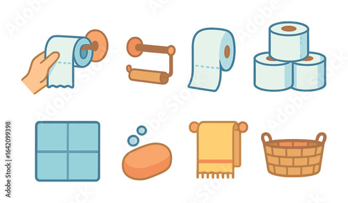 Toilet Roll Change Steps. Flat vector mini-illustrations steps to change a roll in colors children's