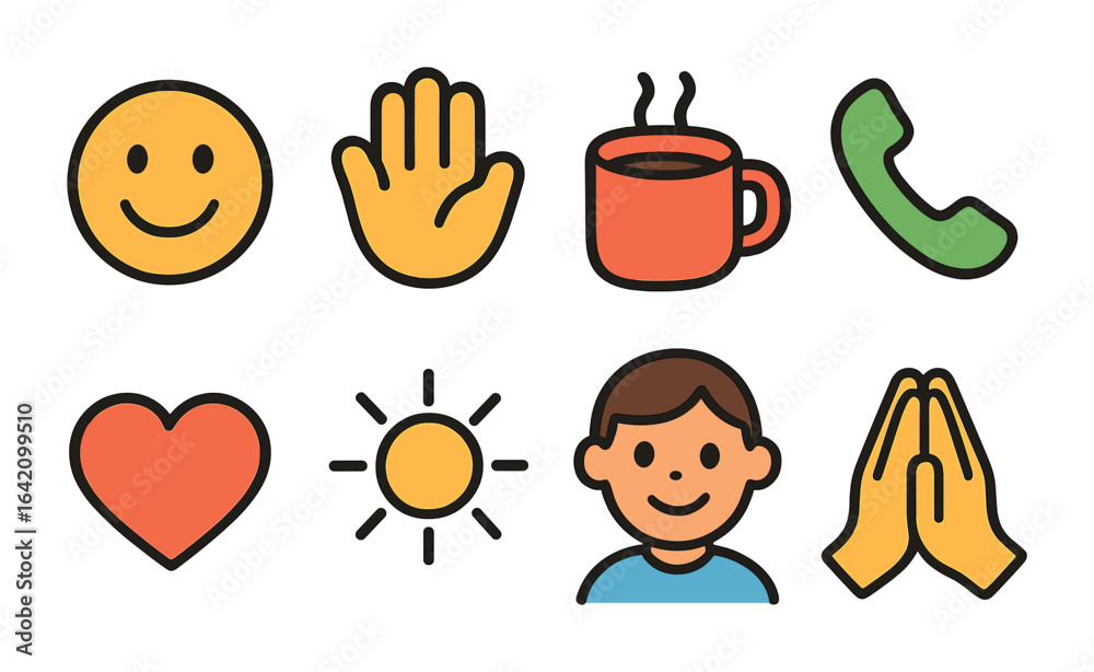 Fototapeta premium Friendly Icon Grid. Flat vector mini-illustrations Friendly small talk in colors children's illustrations: