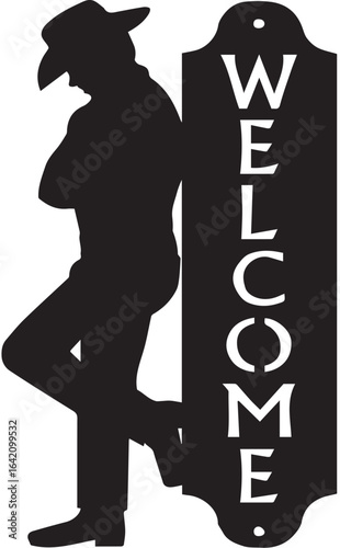 Cowboy Leaning on Welcome Sign
