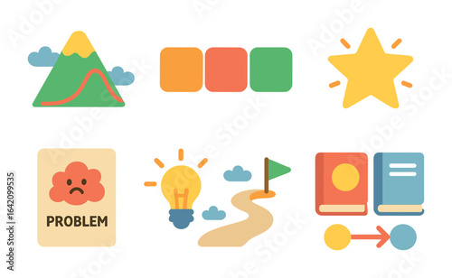 Story Elements Grid. Flat vector mini-illustrations Story arcs and structure in colors children's