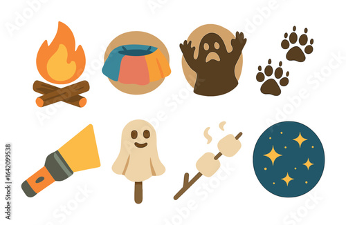 Campfire Storytime Icons. Flat vector mini-illustrations Campfire stories in colors children's illustrations: