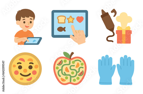 Kids' Food Printing Fun. Flat vector mini-illustrations Interactive kids’ food printing in colors children's