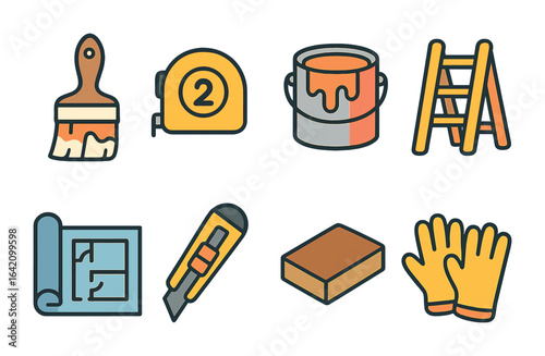Colorful Renovation Tools. Flat vector mini-illustrations House renovation tools in colors children's