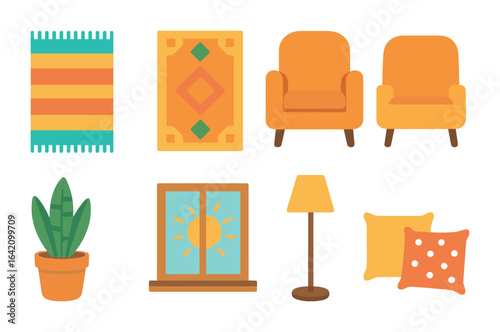 Colorful Room Decor. Flat vector mini-illustrations Adding a colorful rug to brighten up a room in colors