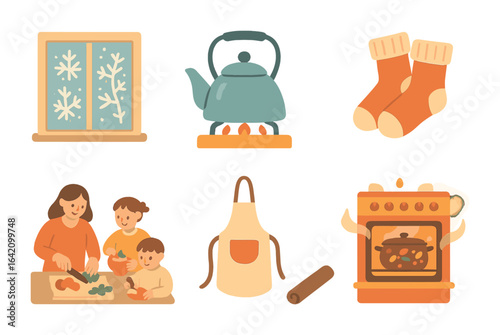 Cozy Winter Kitchen. Flat vector mini-illustrations Cozy kitchen moments during winter in colors children's