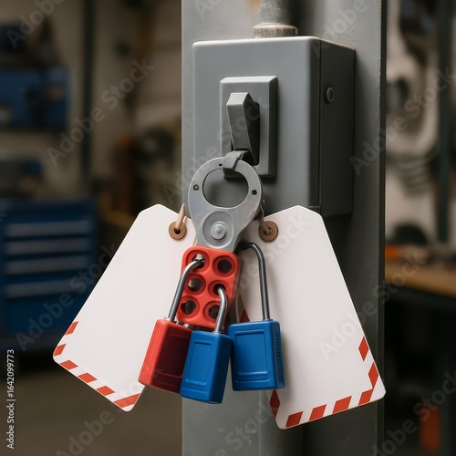 Lockout Tagout device with padlocks and tags securing an industrial power switch. Essential for workplace safety, maintenance procedures, and compliance.