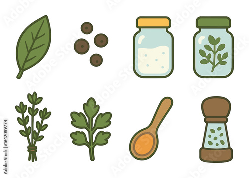 Stew Seasoning Icons. Flat vector mini-illustrations Spices and herbs for stew making in colors children's