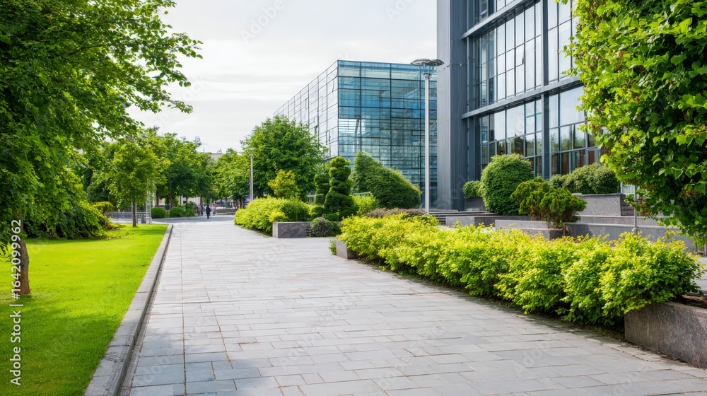 Modern Office Building Exterior with Green Landscaping and Stone Path Leading to Entrance Modern Office Building Exterior with Green Landscaping and Stone Path Leading to Entrance