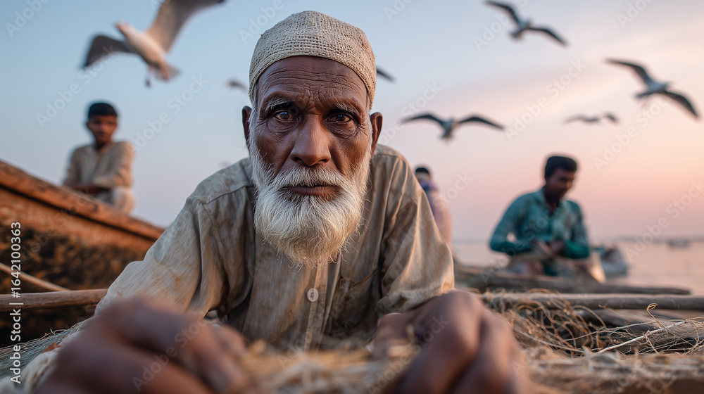 Fototapeta premium Elderly fisherman repairing nets at sunset by river.