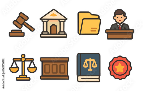 Legal Icons for Kids. Flat vector mini-illustrations Legal professionals at work in government or public