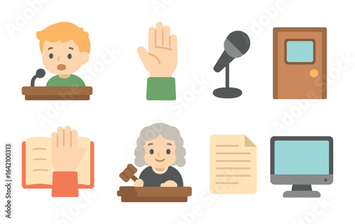 Child-Friendly Legal Icons. Flat vector mini-illustrations Legal hearings and testimony in colors children's