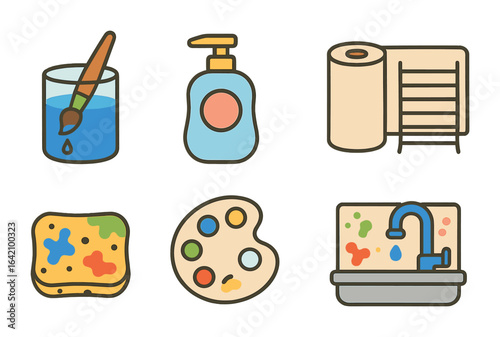 Art Tools Cleanup. Flat vector mini-illustrations Painting tools cleanup in colors children's illustrations: