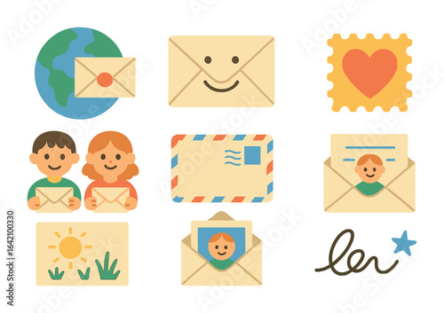 Pen Pal Icons. Flat vector mini-illustrations Pen pal exchange in colors children's illustrations: globe with