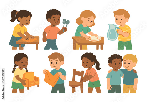 Kids Setting Table. Flat vector mini-illustrations Kids helping set the table in colors children's