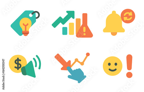 Market Signals Icons. Flat vector mini-illustrations Market signals in colors children's illustrations: price