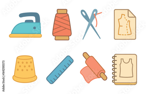 Tailor's Tools Icons. Flat vector mini-illustrations Tailor’s workshop tools in colors children's