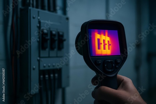 Technician using a thermal imaging camera to detect heat on an electrical panel. Concept for diagnostics, preventive maintenance, safety inspection, and energy audit.