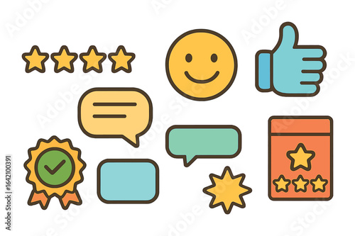 Colorful Review Icons. Flat vector mini-illustrations Online customer reviews and ratings in colors children's