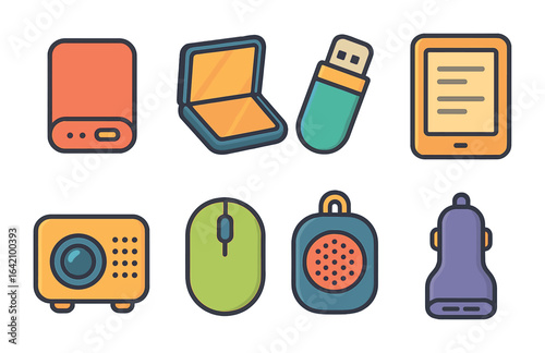 Colorful Tech Icons. Flat vector mini-illustrations portable tech in colors children's illustrations: power