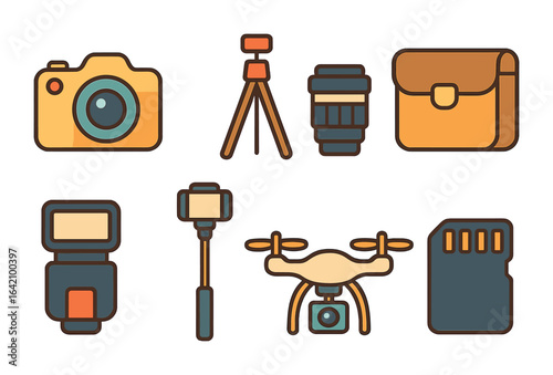 Photography Gadgets Icons. Flat vector mini-illustrations photography gadgets in colors children's