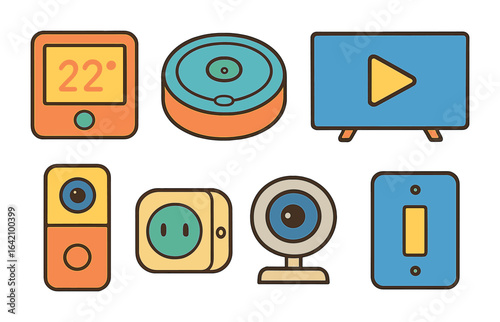 Colorful Home Tech Icons. Flat vector mini-illustrations home tech devices in colors children's illustrations: