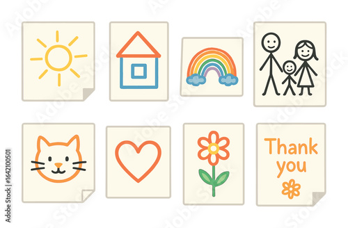 Fridge Art Gallery. Flat vector mini-illustrations kids' drawings on fridge in colors children's illustrations