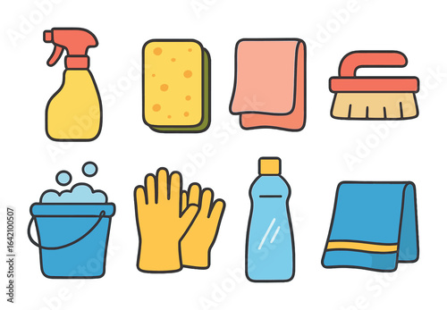 Fridge Cleaning Tools Icons. Flat vector mini-illustrations fridge door cleaning tools in colors children's