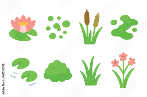 Pond Plant Icons. Flat vector mini-illustrations of pond plants in colors children's illustrations: water lily