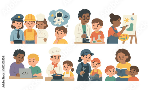 Career Dreams for Kids. Flat vector mini-illustrations career mentoring for kids in colors children's