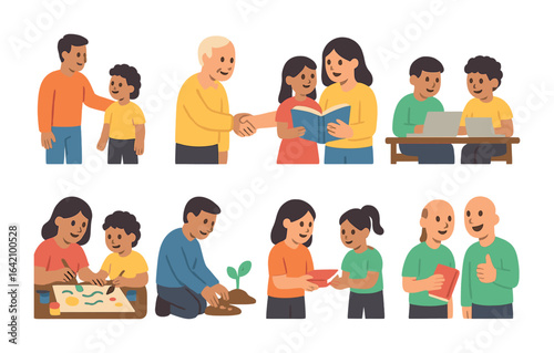 Generational Mentorship Icons. Flat vector mini-illustrations mentoring younger generations in colors children