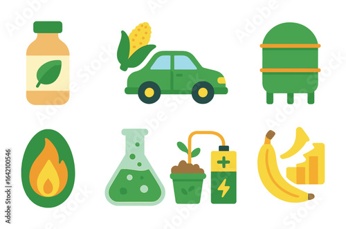 Bioenergy Icons Grid. Flat vector mini-illustrations of bioenergy and biogas startups in colors children's