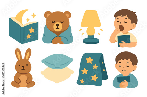 Bedtime Adventure Icons. Flat vector mini-illustrations of bedtime story adventures in colors children's