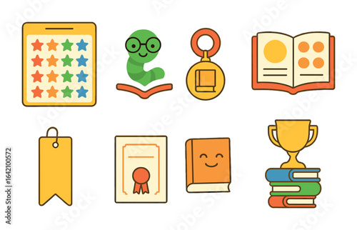 Reading Rewards Icons. Flat vector mini-illustrations of reading rewards and achievements in colors children's