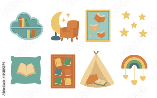 Whimsical Book Decor. Flat vector mini-illustrations of book-themed room decor in colors children's