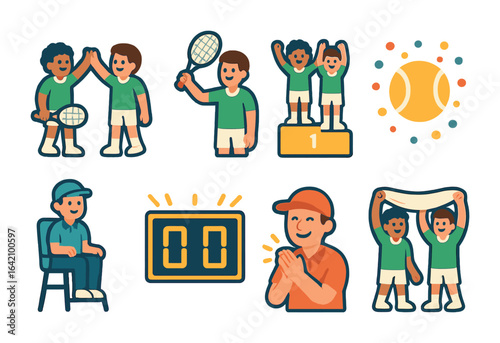 Tennis Victory Icons. Flat vector mini-illustrations of tennis doubles win celebration in colors children's