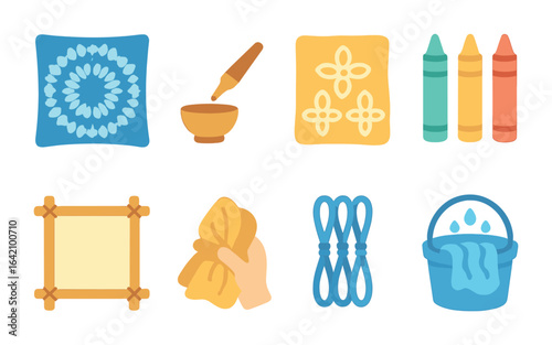 Traditional Dyeing Methods. Flat vector mini-illustrations of traditional dyeing methods in colors children's