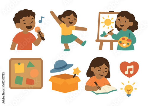 Joyful Self-Expression Icons. Flat vector mini-illustrations of self-expression in colors children's