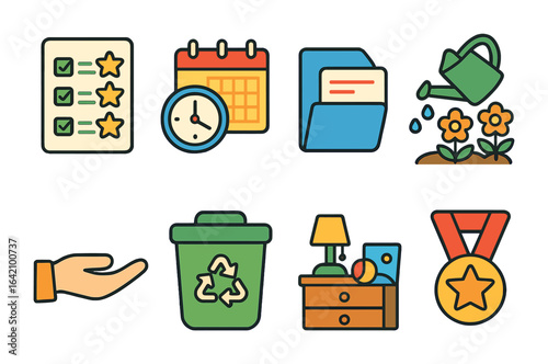 Children's Responsibility Icons. Flat vector mini-illustrations of responsibility in colors children's