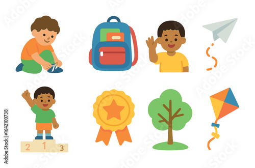 Children's Independence Icons. Flat vector mini-illustrations of independence in colors children's